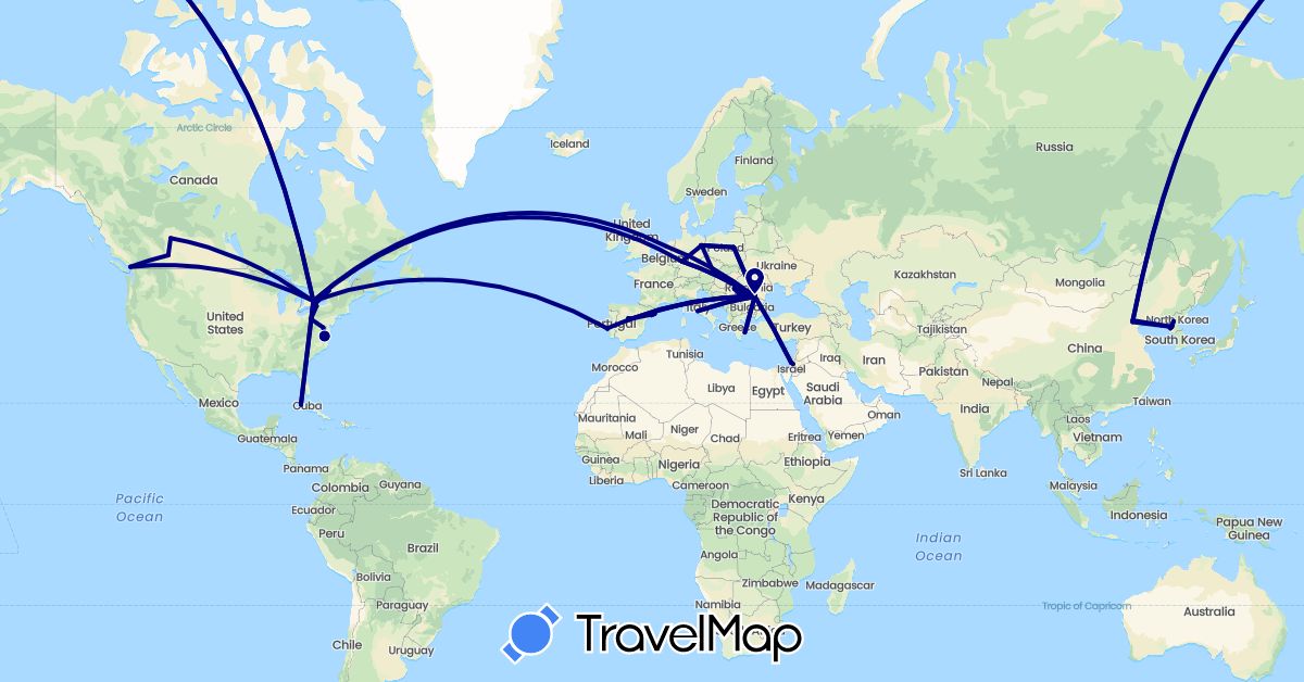 TravelMap itinerary: driving in Austria, Canada, China, Cuba, Germany, Spain, Greece, Israel, Italy, North Korea, Netherlands, Poland, Portugal, Romania, United States (Asia, Europe, North America)